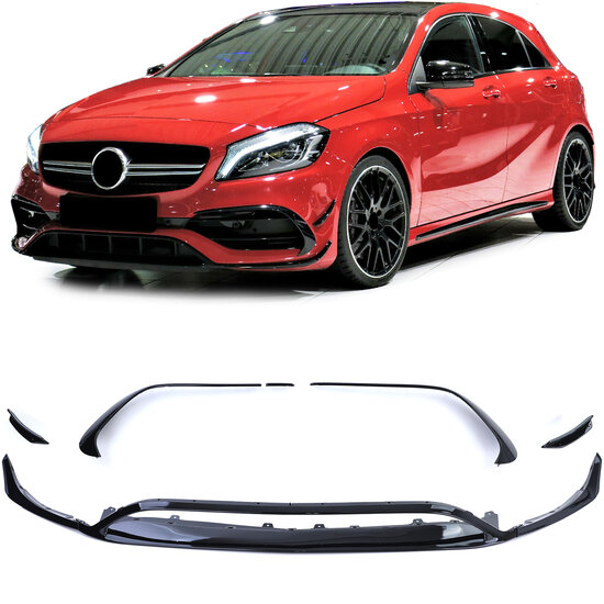 Glanzend zwarte frontspoiler set passend voor Mercedes A-Klasse W176 facelift model 2015 - 2018 met AMG-line voorbumper