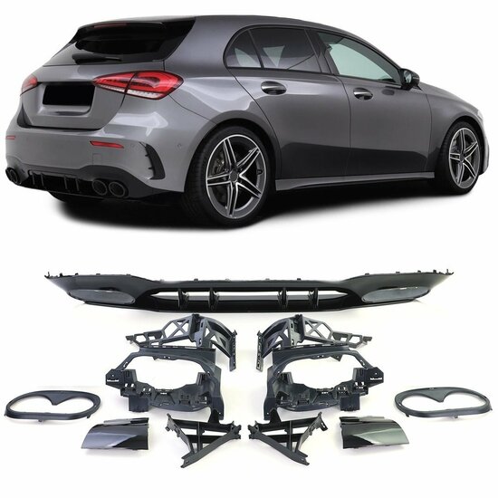 Diffuser glanzend zwart passend voor Mercedes A-Klasse W177 hatchback met AMG-line achterbumper vier uitlaten