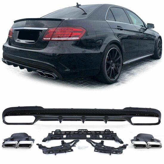 Diffuser glanzend zwart met chromen sierstukken passend voor Mercedes E-Klasse W212 facelift model 2013 - 2016 met AMG-line achterbumper