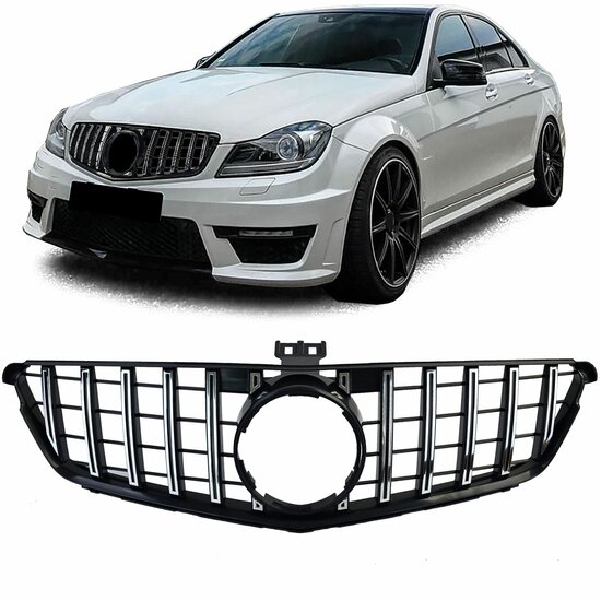 Glanzend zwarte grill met chromen accenten passend voor Mercedes C-Klasse W204, S204 en C204 model 2007 - 2015