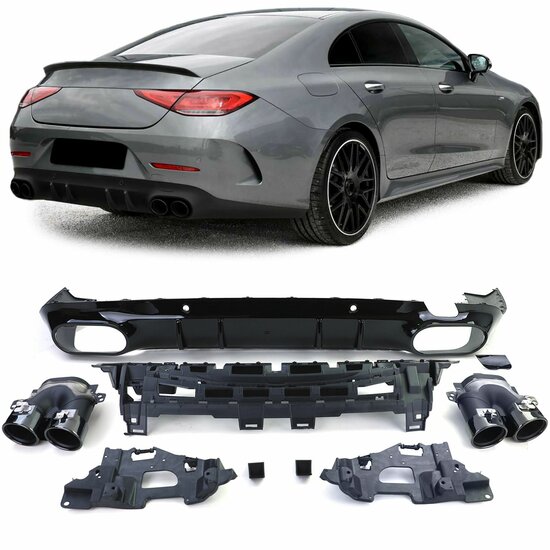 Diffuser glanzend zwart met sierstukken passend voor Mercedes CLS C257 vanaf model 2018 met AMG-line achterbumper