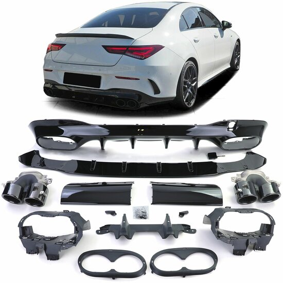 Glanzend zwarte diffuser met zwarte sierstukken passend voor Mercedes CLA C118 en X118 met AMG-line bumper