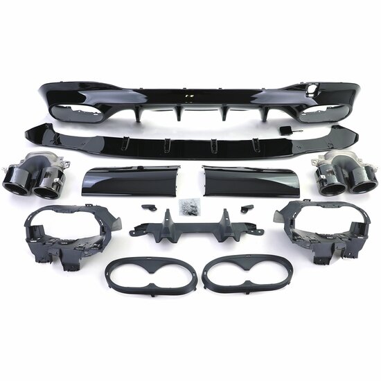 Glanzend zwarte diffuser met zwarte sierstukken passend voor Mercedes CLA C118 en X118 met AMG-line bumper