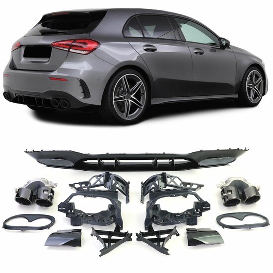 Diffuser glanzend zwart inclusief vier uitlaten sierstukken passend voor Mercedes A-Klasse W177 hatchback met AMG-line achterbumper