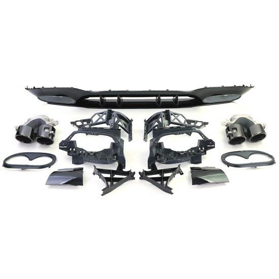 Diffuser glanzend zwart inclusief vier uitlaten sierstukken passend voor Mercedes A-Klasse W177 hatchback met AMG-line achterbumper