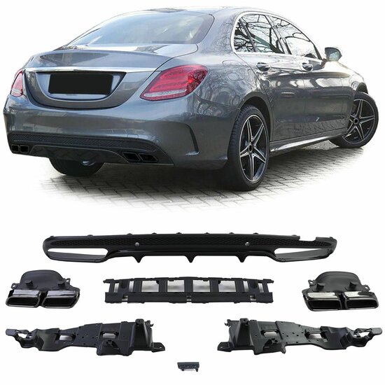 Glanzend zwarte diffuser met glanzend zwarte sierstukken passend voor Mercedes C-Klasse W205 model 2013 - 2018 met AMG-line achterbumper