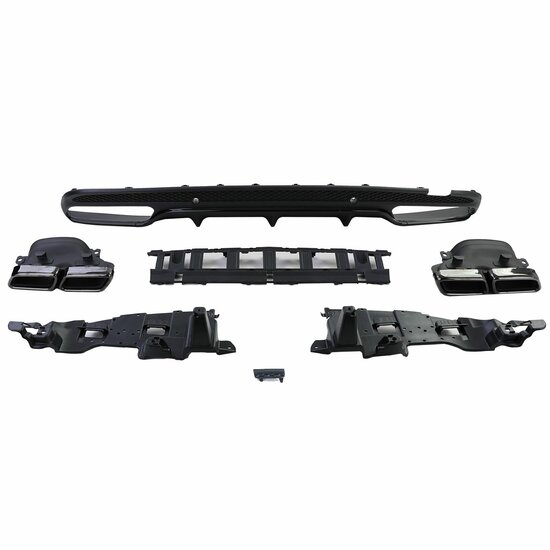 Glanzend zwarte diffuser met glanzend zwarte sierstukken passend voor Mercedes C-Klasse W205 model 2013 - 2018 met AMG-line achterbumper