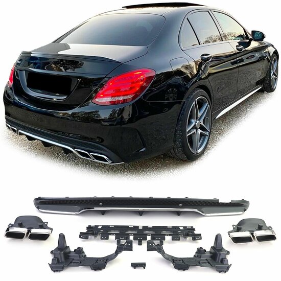 Diffuser met chromen sierstukken passend voor Mercedes C-Klasse W205 en S205 met AMG-line achterbumper model 2014 - 2018