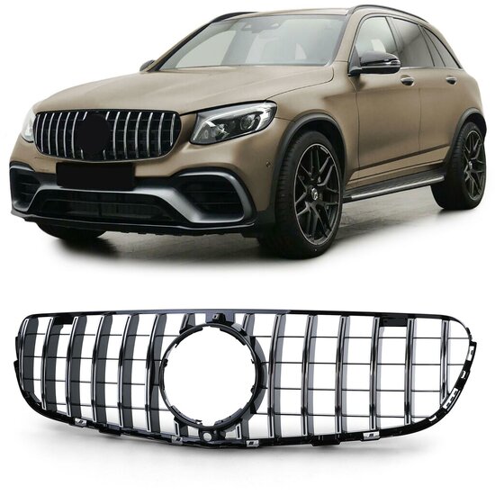 Glanzend zwarte grille met chromen accenten passend voor Mercedes GLC X253 en C253 model 2015 - 2019 met AMG-line voorbumper
