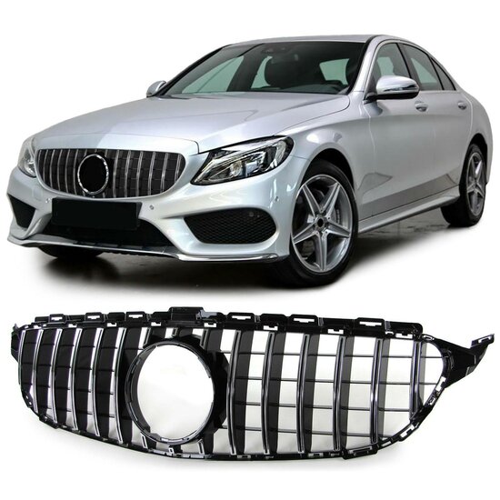 Glanzend zwarte grille met chromen accenten passend voor Mercedes C-Klasse W205 en S205 model 2014 - 2018