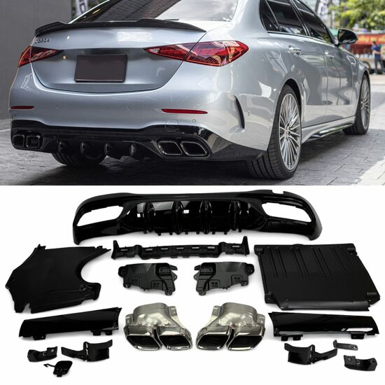 Diffuser glanzend zwart inclusief twee chromen sierstukken passend voor Mercedes C-Klasse W206 en S206 met AMG-line achterbumper