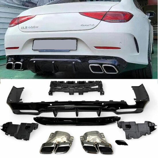 Diffuser glanzend zwart met chromen sierstukken passend voor Mercedes CLS C257 vanaf model 2018 met AMG-line achterbumper