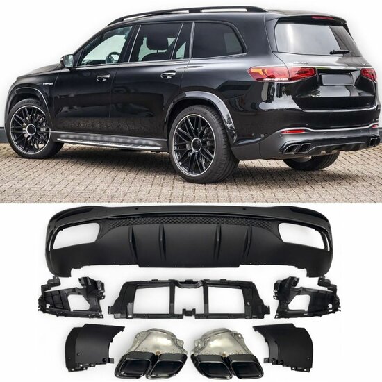 Diffuser glanzend zwart met zwarte sierstukken passend voor Mercedes GLS X167 met AMG-line achterbumper
