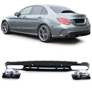 Glanzend zwarte diffuser met glanzend zwarte sierstukken passend voor Mercedes C-Klasse W205 model 2018 - 2021 met AMG-line achterbumper