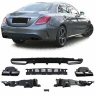 Glanzend zwarte diffuser met glanzend zwarte sierstukken passend voor Mercedes C-Klasse W205 model 2013 - 2018 met AMG-line achterbumper