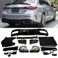 Diffuser glanzend zwart inclusief twee chromen sierstukken passend voor Mercedes C-Klasse W206 en S206 met AMG-line achterbumper
