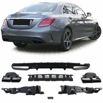 Glanzend zwarte diffuser met glanzend zwarte sierstukken passend voor Mercedes C-Klasse W205 model 2013 - 2018 met AMG-line achterbumper